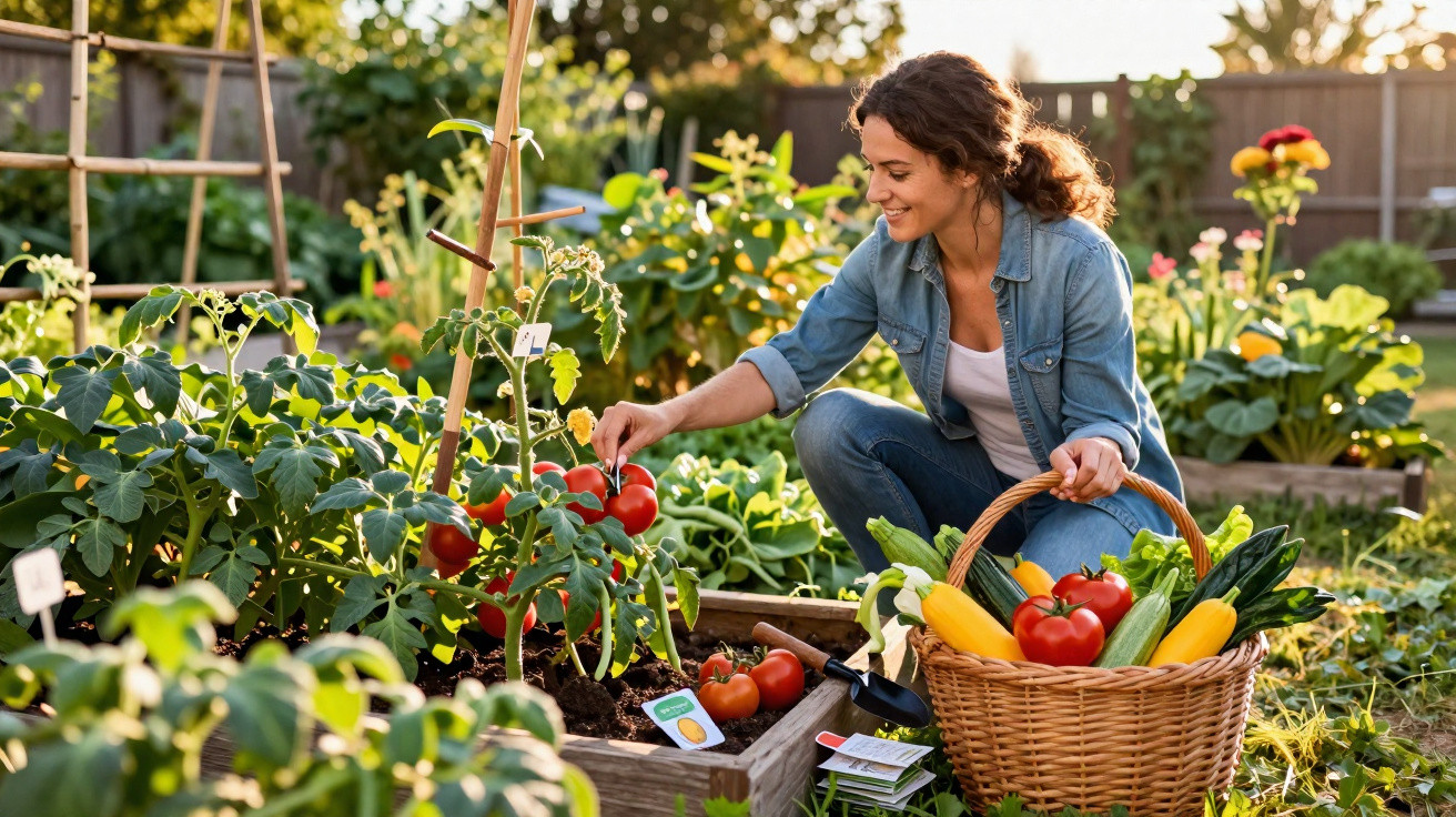 Mulher a colher tomates num pequeno jardim, com cesta cheia de legumes frescos ao seu lado.