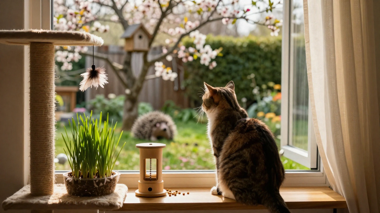 Gato sentado na janela a observar um ouriço no jardim primaveril com flores e uma árvore em flor.