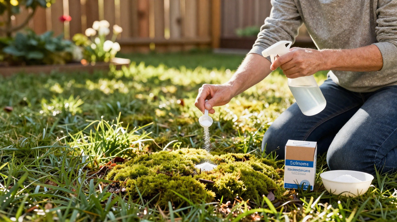 Pessoa a aplicar produto em pó e líquido sobre musgo num jardim com relva e flores ao fundo.
