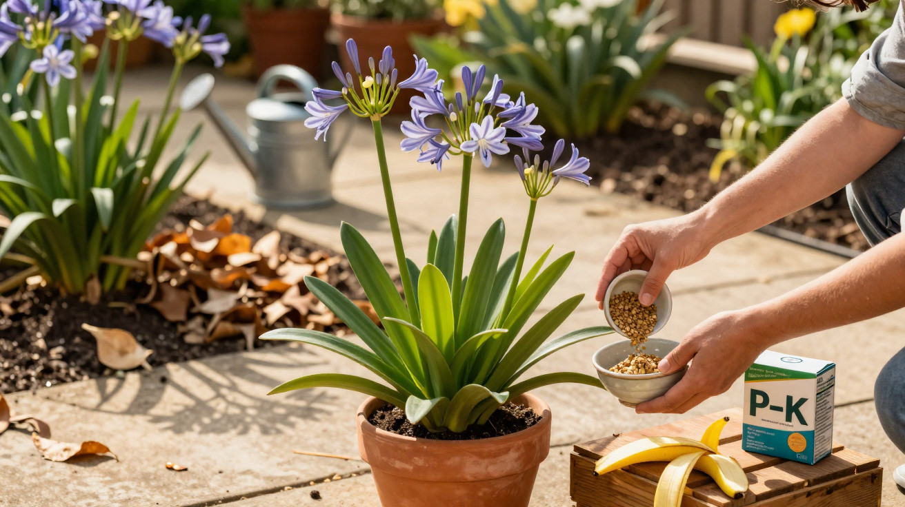 Pessoa a colocar fertilizante em planta florida num vaso de barro numa varanda com luz natural.