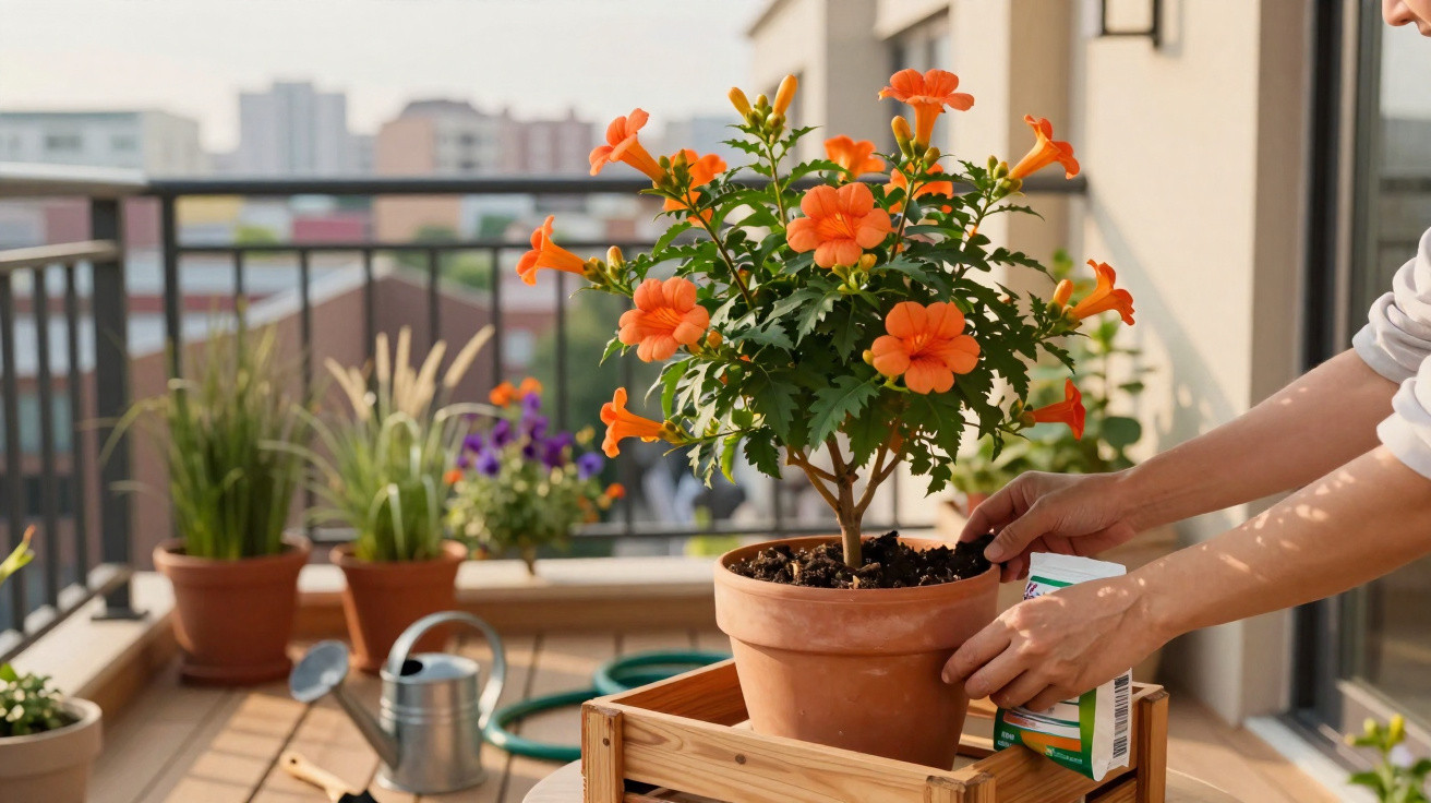 Pessoa a cuidar de planta com flores laranjas num vaso em varanda urbana iluminada pelo sol.
