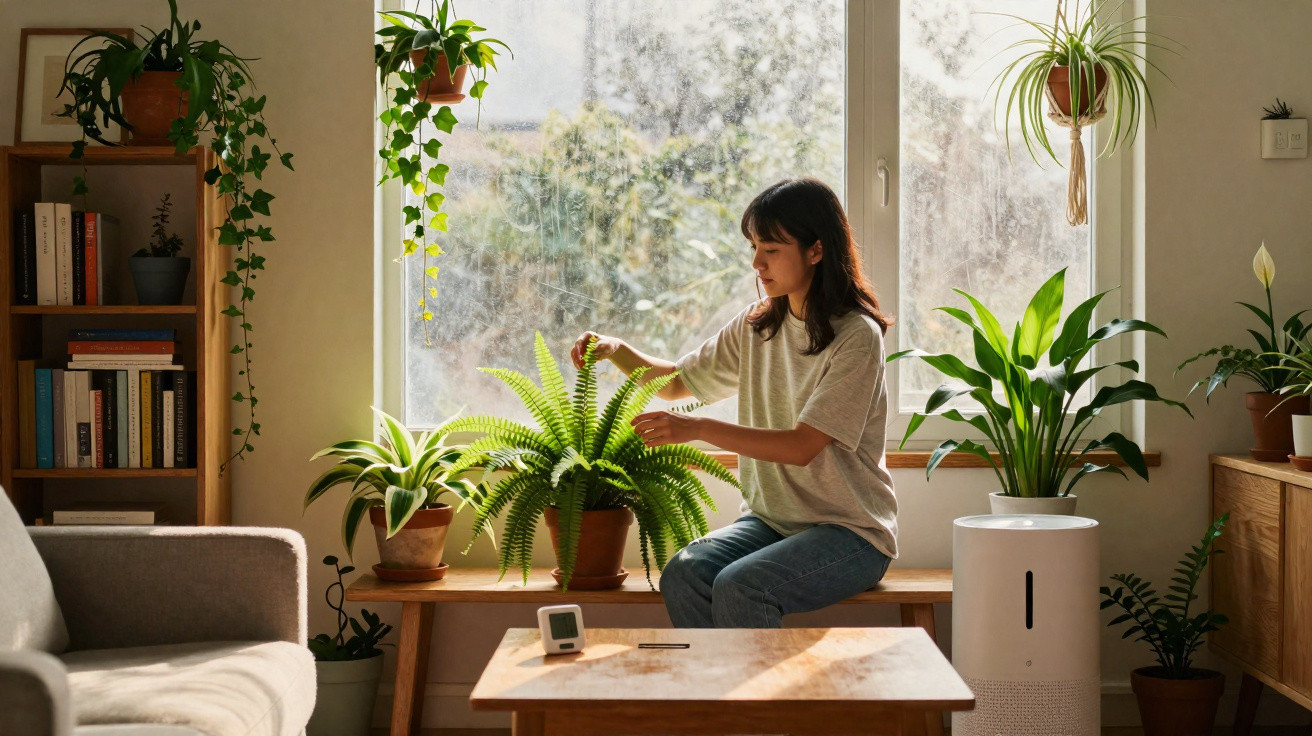 Mulher a cuidar de plantas num interior com luz natural e decoração acolhedora.