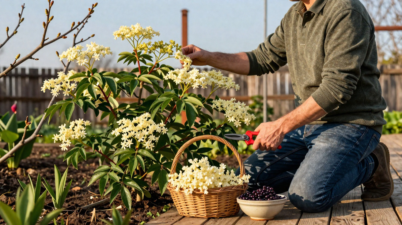 Homem colhe flores brancas da planta num jardim, com cesta e taça cheia de bagas ao lado.