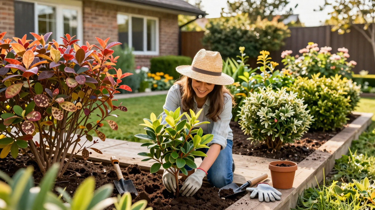 Mulher sorridente a plantar uma planta em jardim com chapéu de palha e luvas de jardinagem.