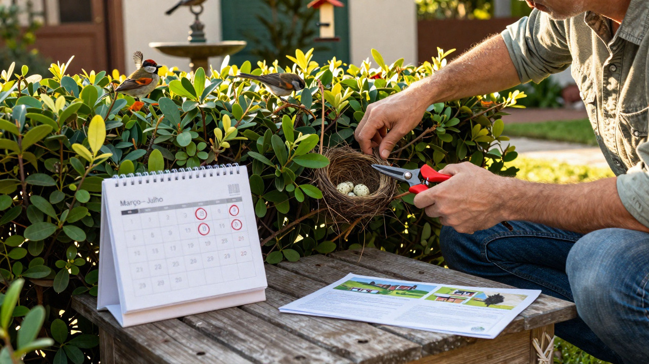 Homem a cuidar de um ninho com ovos junto a um calendário e material informativo num jardim.