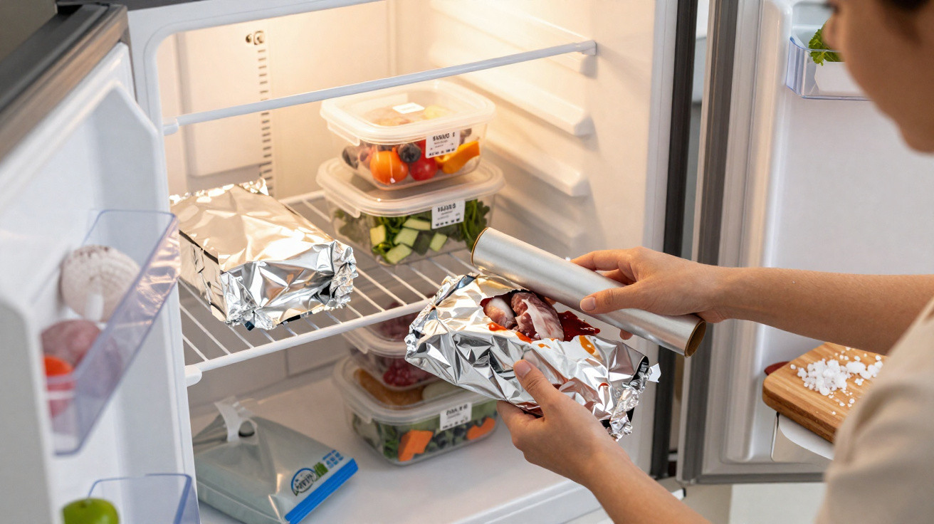 Pessoa a embrulhar alimentos em papel de alumínio dentro de um frigorífico com recipientes de legumes e frutas.