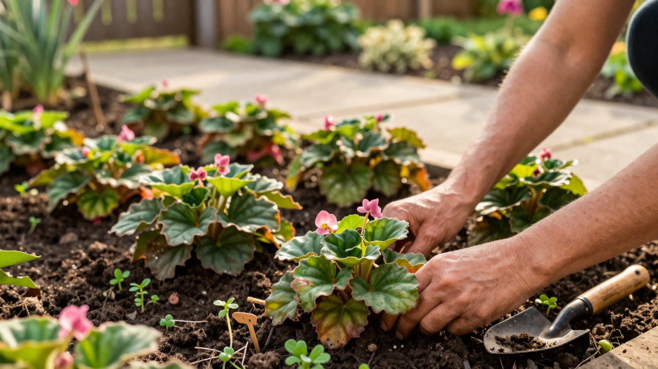 Mãos a plantar begónias com flores cor-de-rosa num canteiro de jardim de terra fértil.