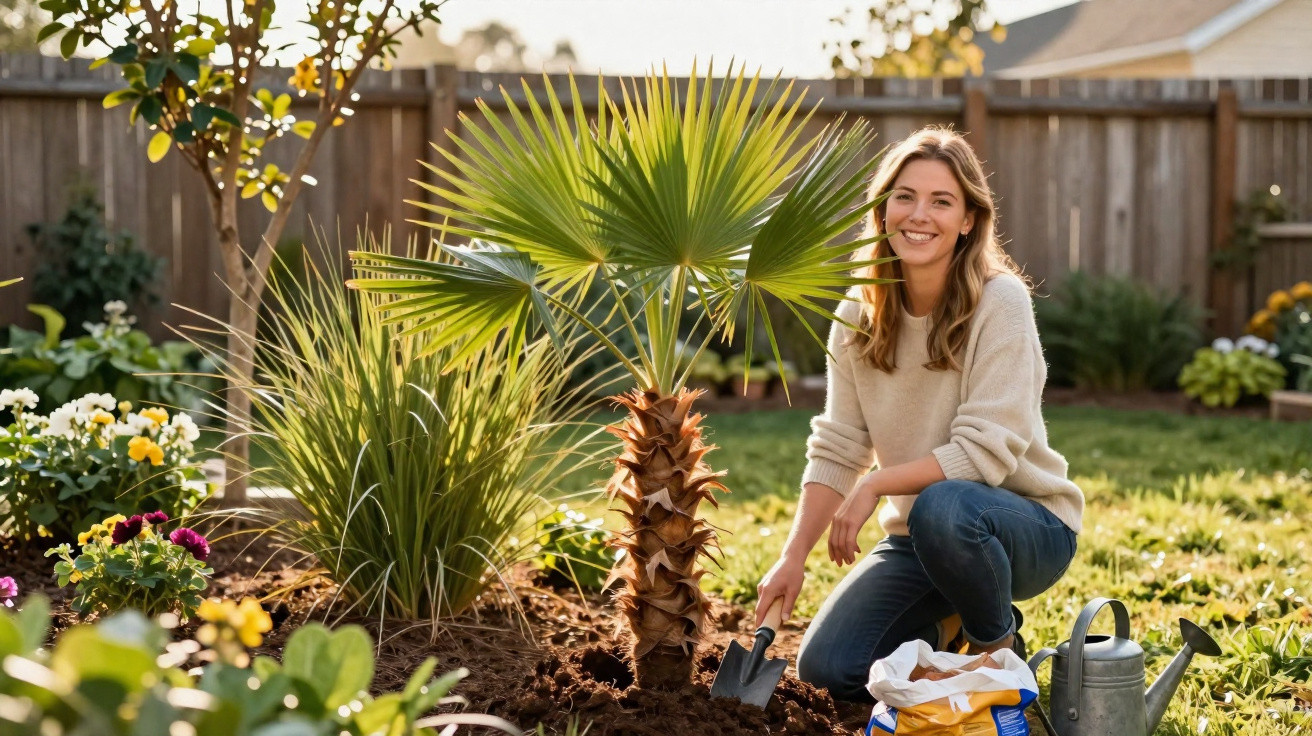 Mulher a sorrir a plantar uma palmeira num jardim com várias flores e ferramentas de jardinagem.