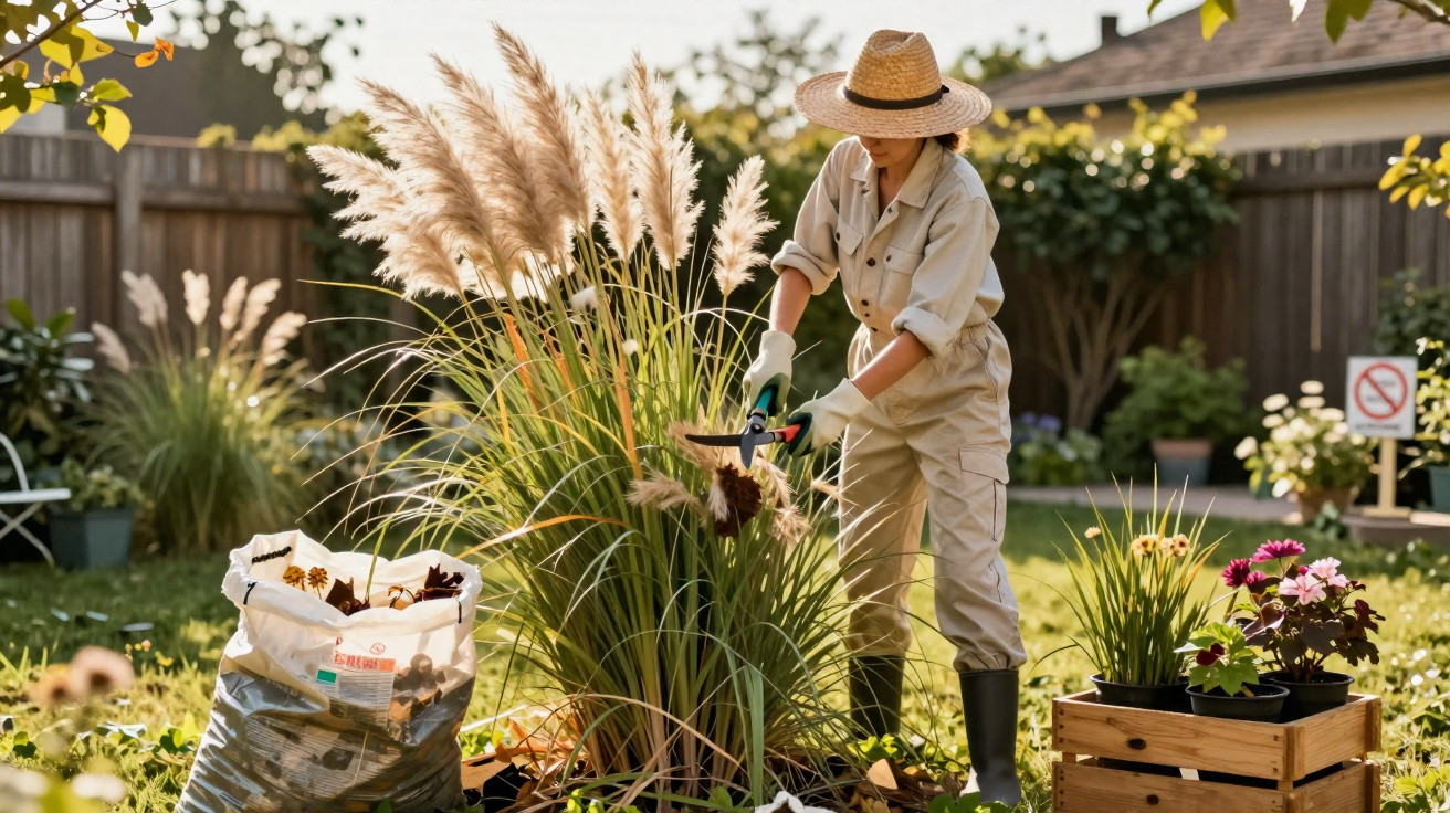Mulher a cuidar de plantas ornamentais num jardim com chapéu de palha e roupa de proteção.