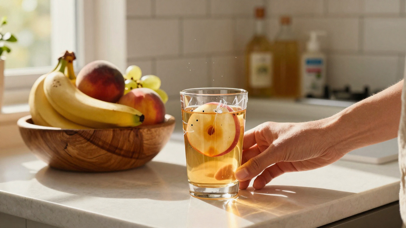Mão a segurar copo de chá com rodelas de maçã numa cozinha com fruteira de madeira e frutas variadas.