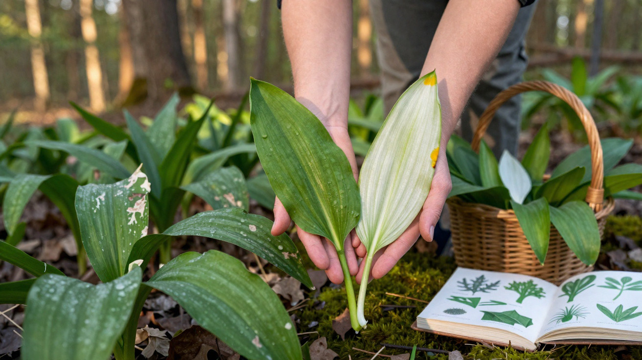 Mãos seguram folhas verdes e amareladas na floresta, ao lado de cesto e livro de plantas aberto no chão.
