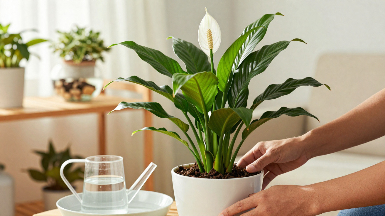 Mãos a cuidar de planta lírio-da-paz em vaso branco num ambiente interior com regador ao lado.