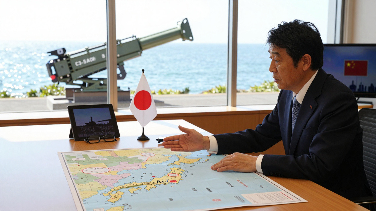 Homem sentado em frente a mapa do Japão, com bandeira japonesa e vista para o mar ao fundo.
