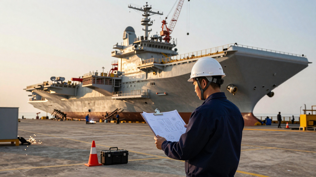 Trabalhador com capacete a analisar plantas junto a grande navio militar atracado no porto ao pôr do sol.