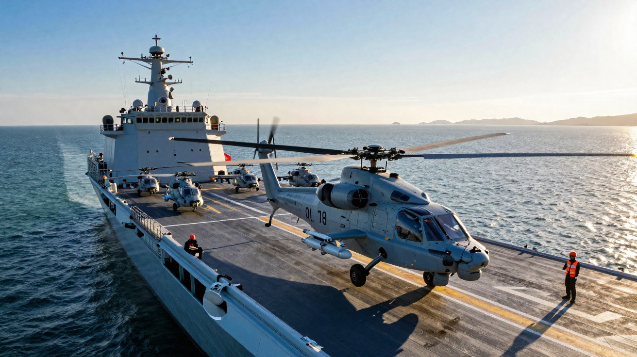 Porta-aviões militar no mar com helicópteros estacionados no convés ao pôr do sol.