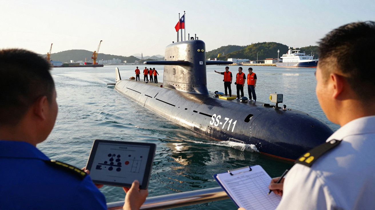 Submarino militar SS-711 na água com tripulação e dois oficiais a observar em primeiro plano.