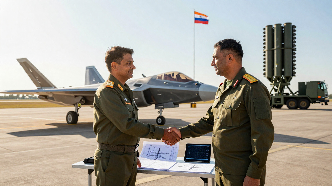 Dois soldados com uniformes militares cumprimentam-se em pista com avião de caça ao fundo.
