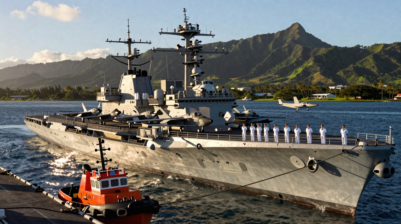 Navio militar atracado com tripulação alinhada no convés e barco de apoio laranja em primeiro plano, montanhas ao fundo.