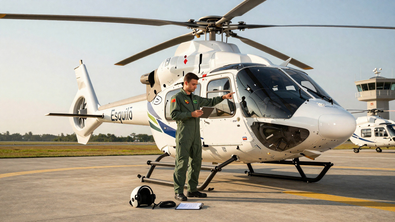 Piloto em fato verde verifica checklist junto a um helicóptero branco estacionado num heliponto.