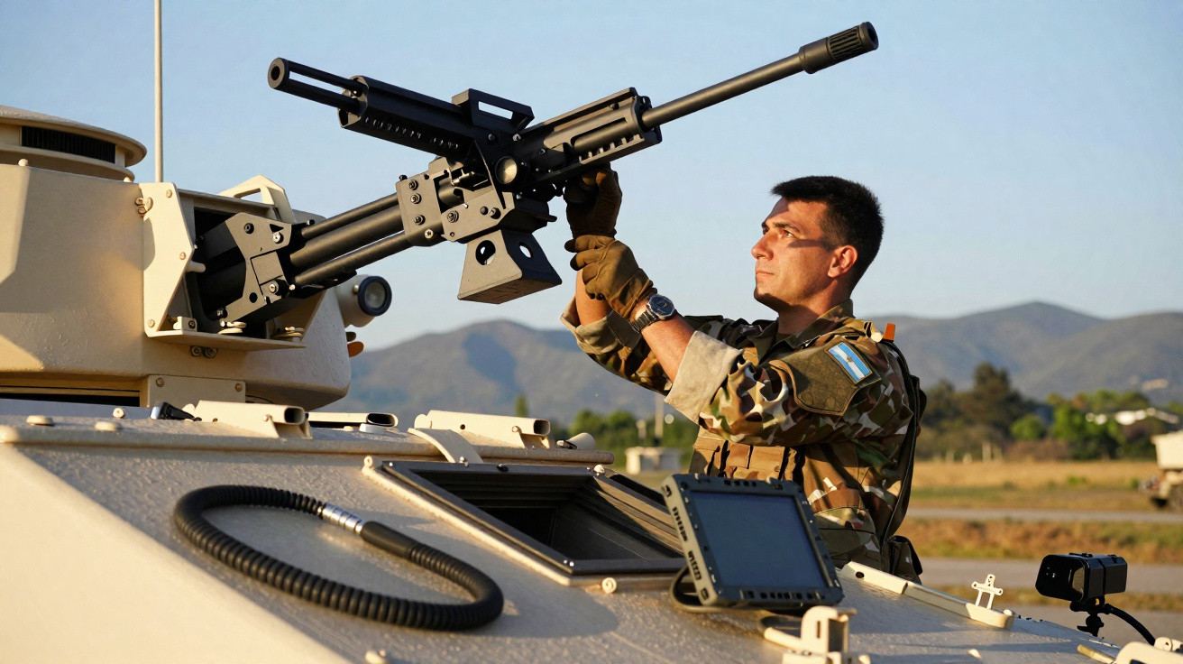 Soldado em uniforme camuflado ajusta metralhadora montada numa viatura militar beige, com montanhas ao fundo.