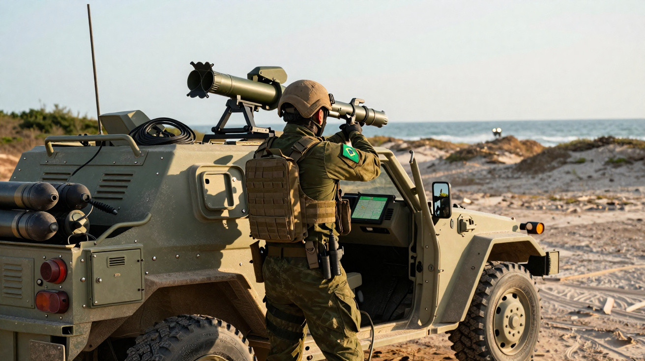 Soldado brasileiro com uniforme e capacete, segurando lança-foguetes ao lado de veículo militar na praia.