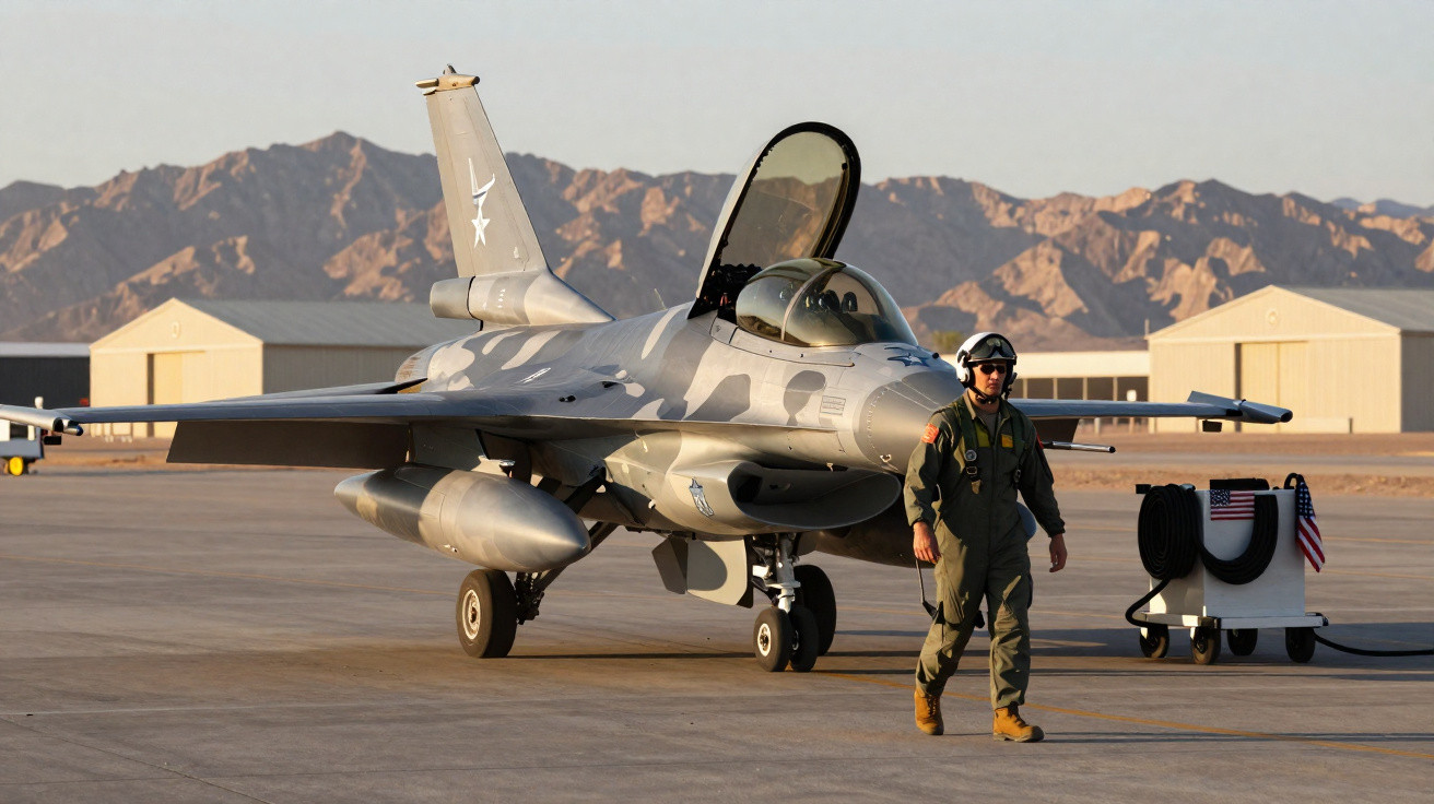Caça F-16 estacionado numa pista com piloto a caminhar e montanhas ao fundo ao entardecer.