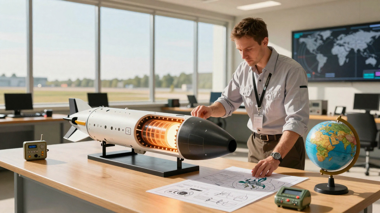 Homem a analisar maquete de foguete e desenhos técnicos numa sala de controlo de espaço aéreo.