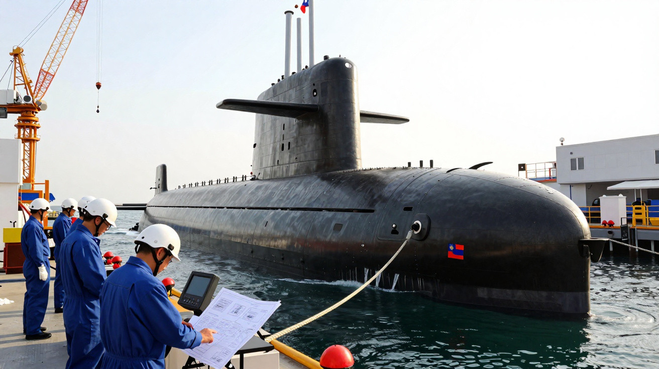 Submarino preto atracado com tripulação em conjunto de macacão e capacete branco no cais.