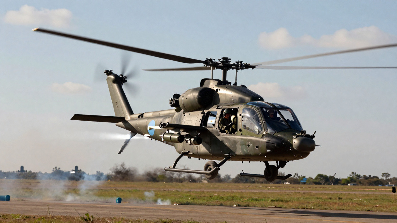 Helicóptero militar de combate em voo baixo sobre pista com céu azul e algumas nuvens ao fundo.
