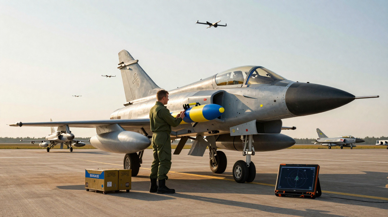 Militar numa pista com uniforme verde prepara bomba numa aeronave de caça cinzenta com outros aviões ao fundo.
