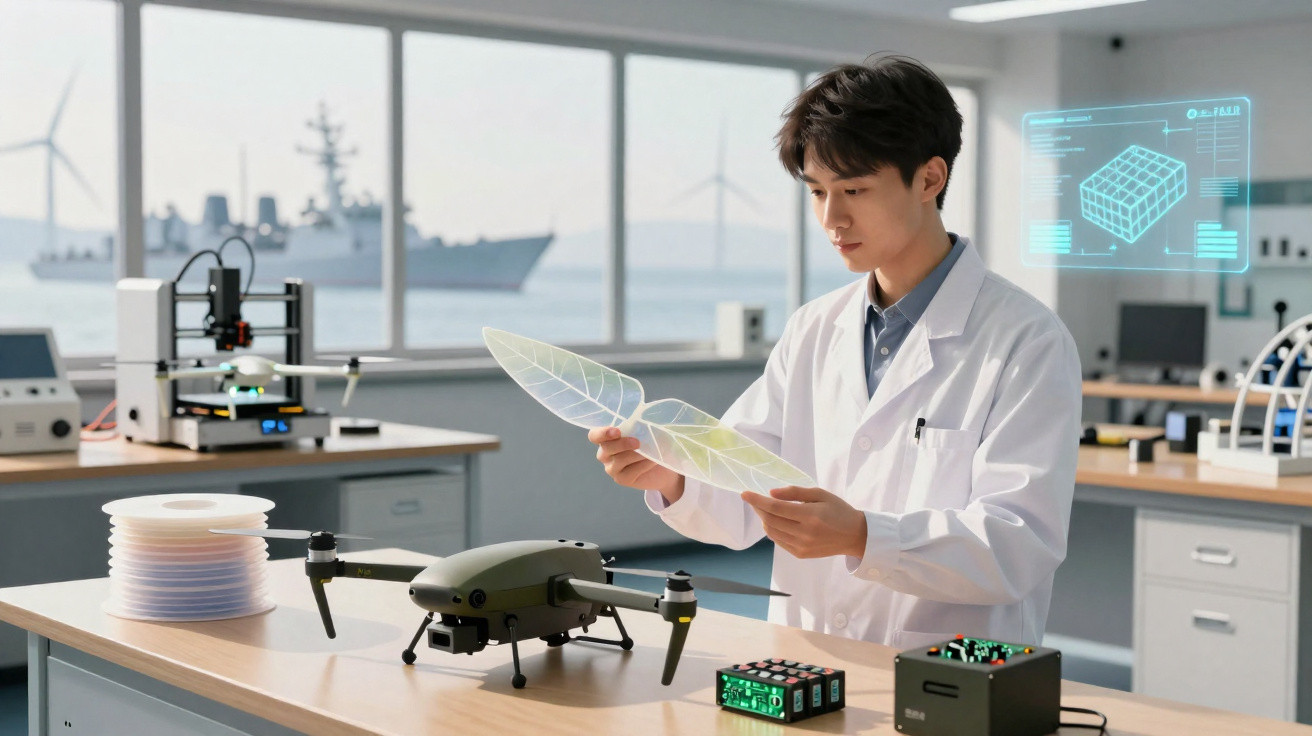 Cientista em laboratório analisa protótipo de asa transparente para drone com ambiente tecnológico avançado.