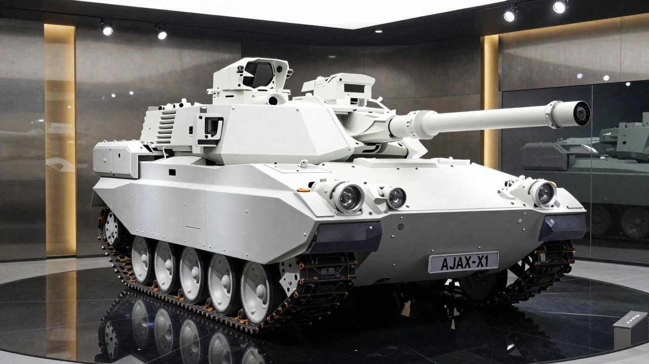 Veículo blindado militar branco com canhão principal em exibição num museu moderno.