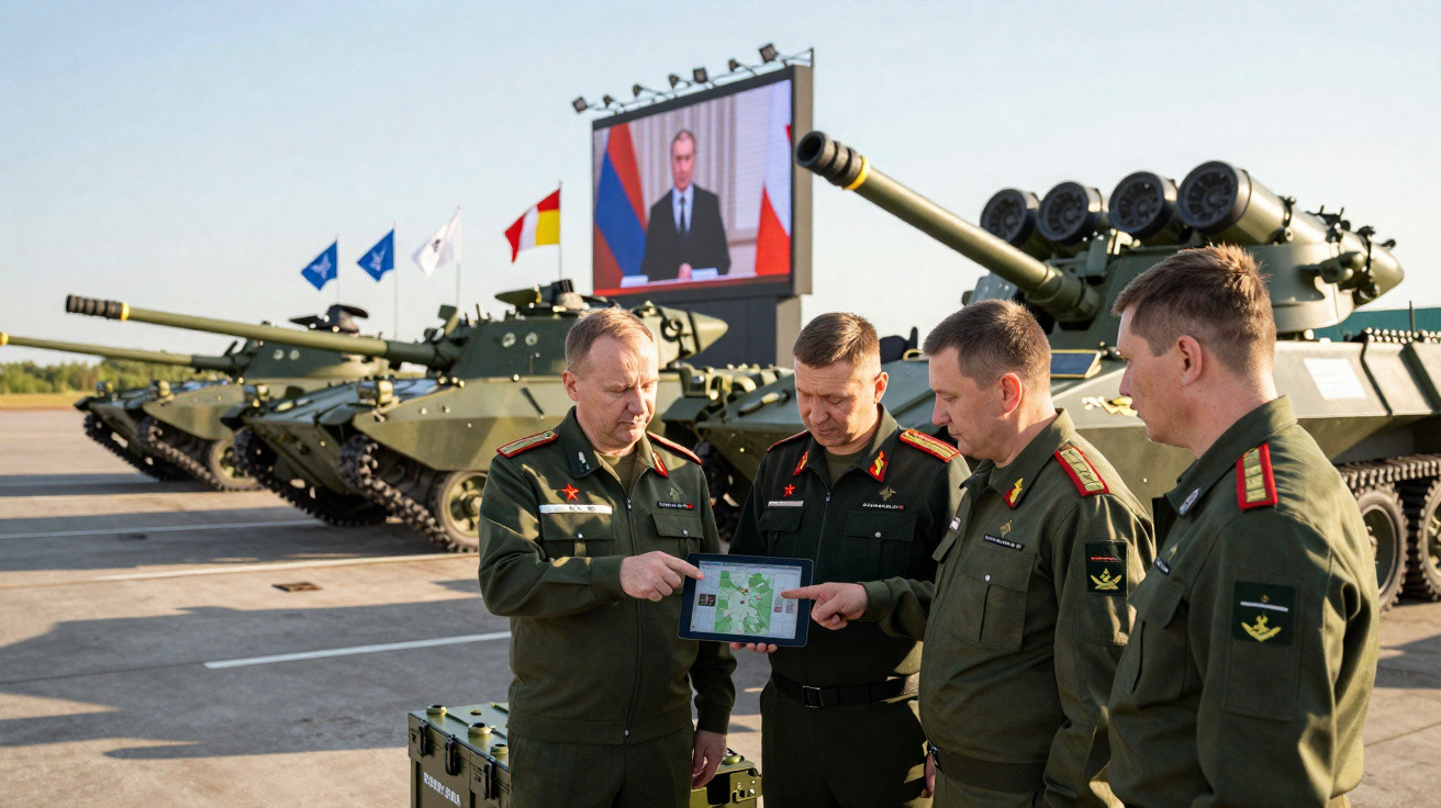 Quatro militares em uniformes verdes observam um tablet frente a tanques de guerra alinhados ao ar livre.