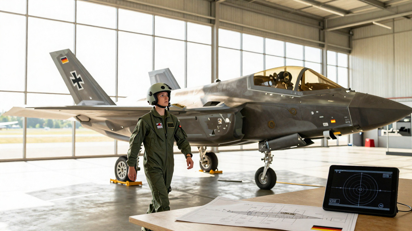 Piloto em fato de voo verde com capacete caminha perto de jato militar modernista dentro de hangar.