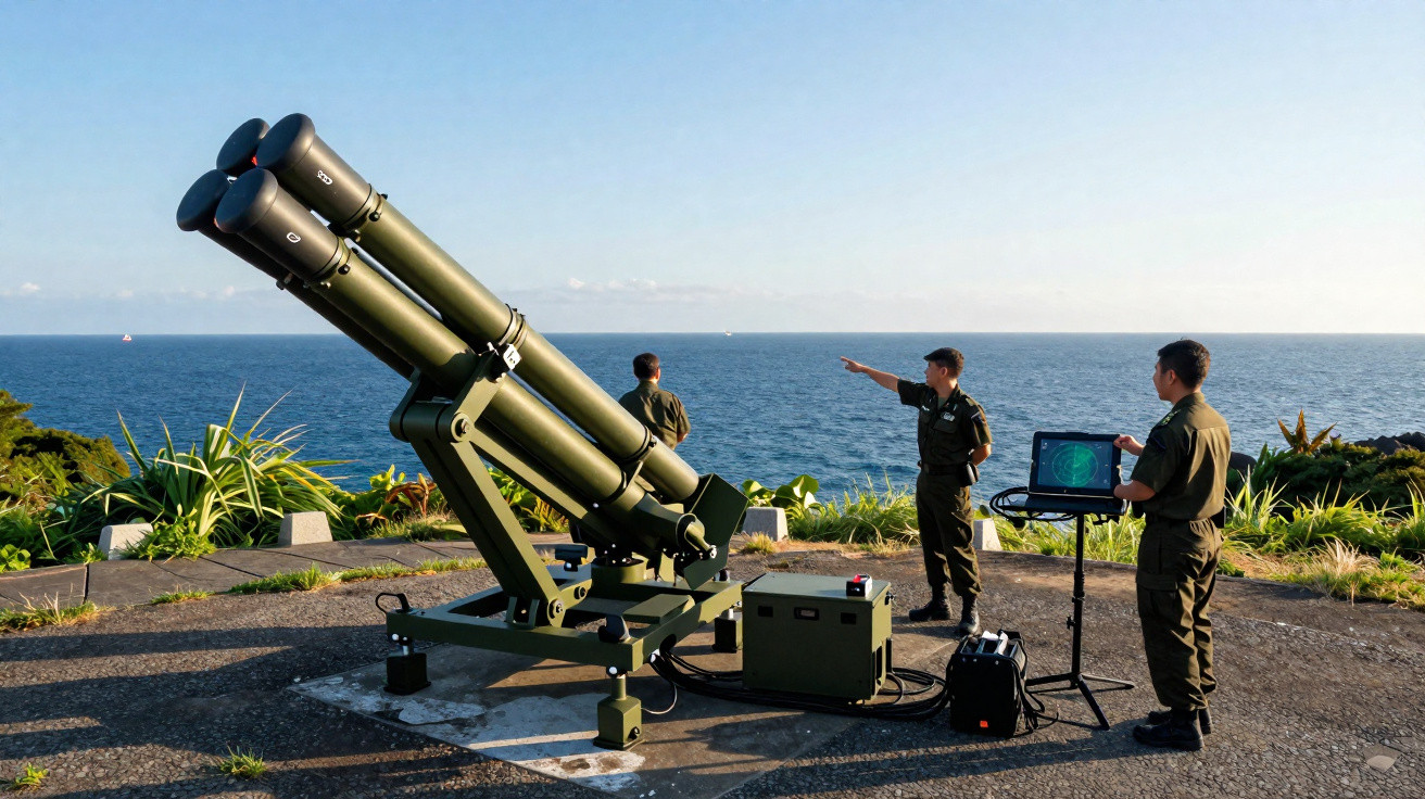 Três militares junto a um sistema de lançamento de foguetes com o mar ao fundo numa zona costeira.