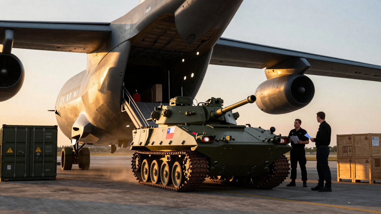 Tanque militar a ser carregado numa aeronave de carga com dois homens a conversar ao lado.