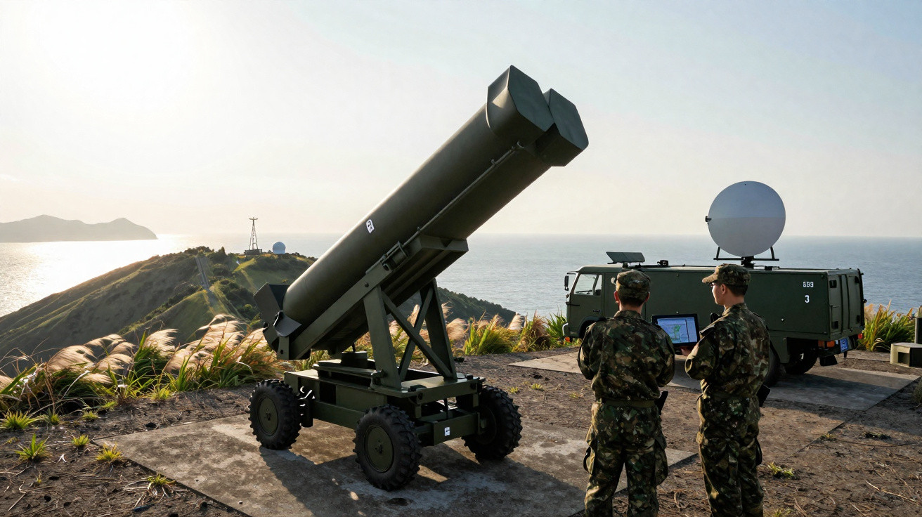 Dois soldados em uniforme observam equipamento militar com mísseis e veículo com antena junto ao mar ao pôr do sol.