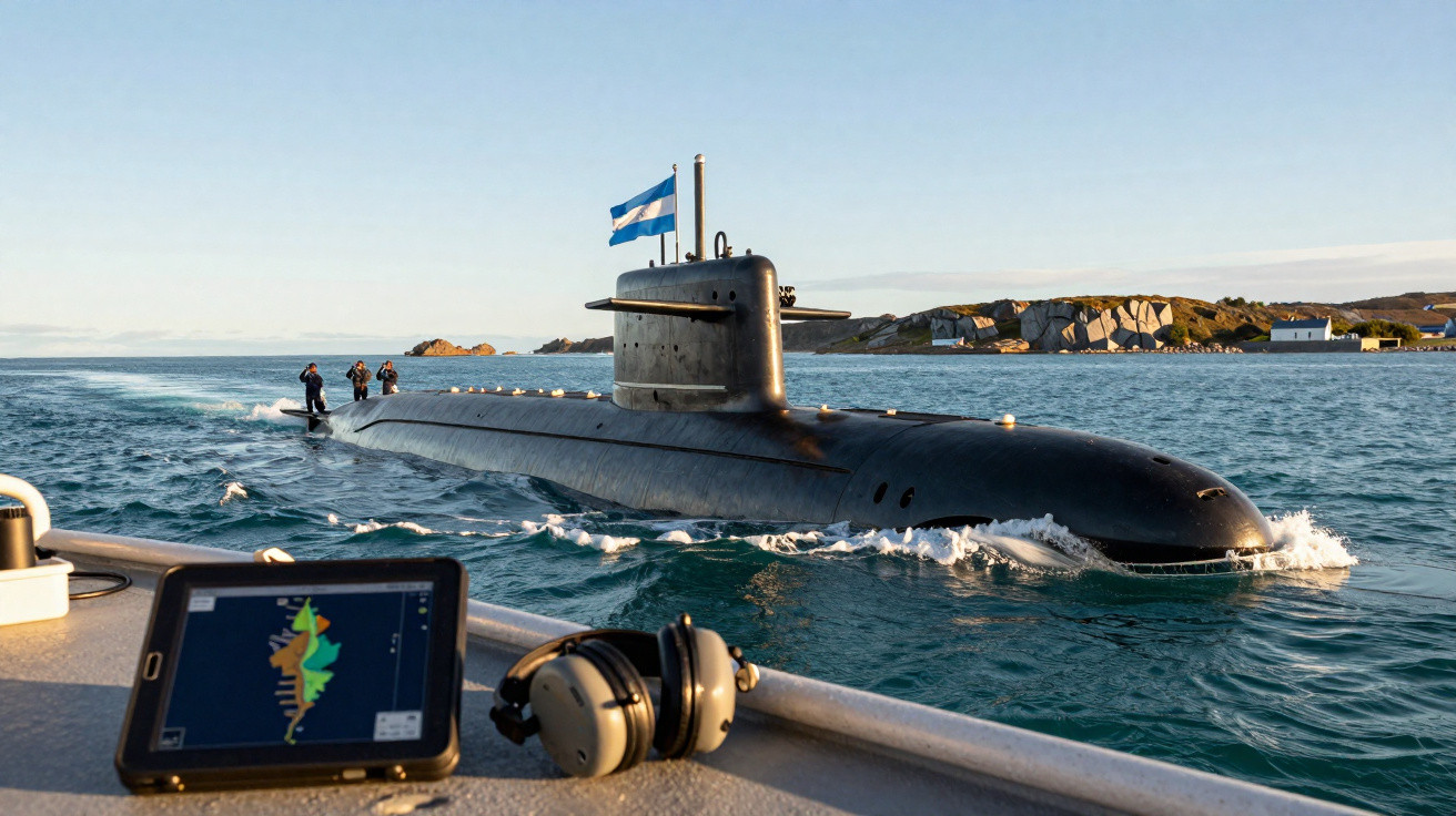 Submarino com bandeira argentina a emergir no mar perto de costa rochosa ao pôr do sol.