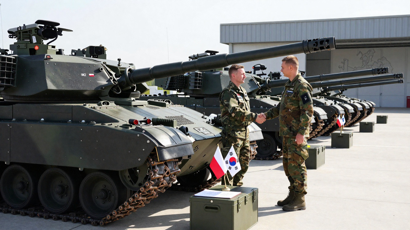 Dois militares apertam as mãos em fila de tanques de batalha com bandeiras do Chile e Coreia do Sul.