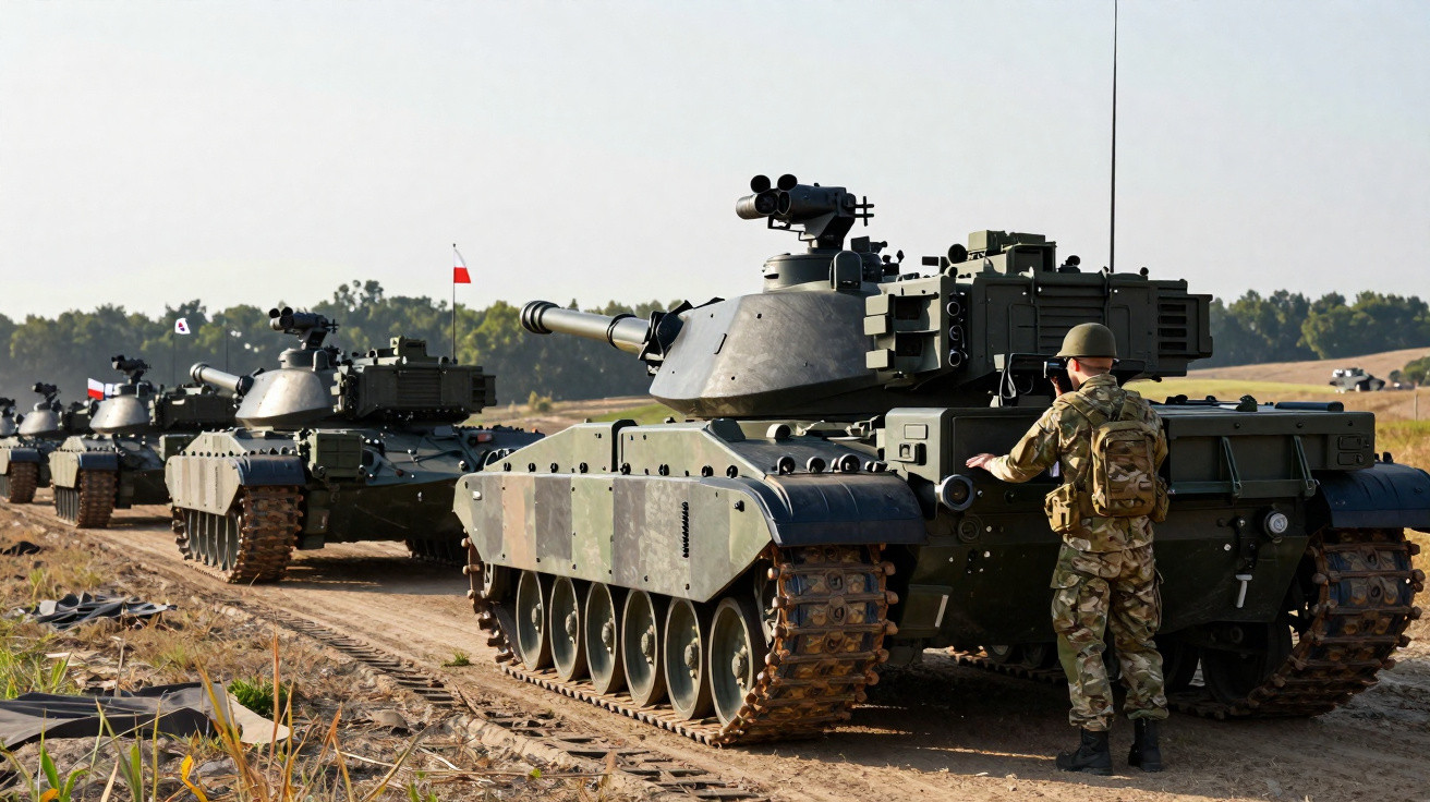 Soldado junto a uma linha de tanques militares verdes em terreno arenoso durante o dia.