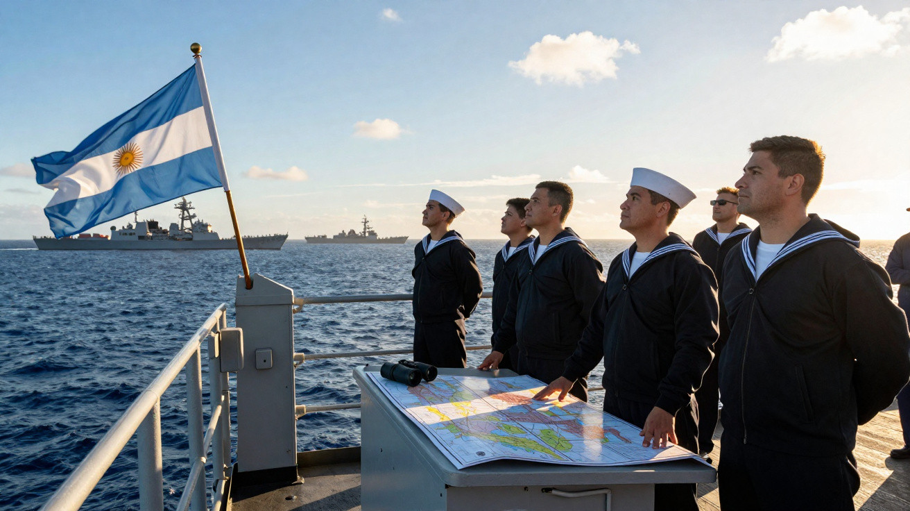 Marinheiros da marinha argentina em convés observando mapas com navios ao fundo e a bandeira do país a ondular.