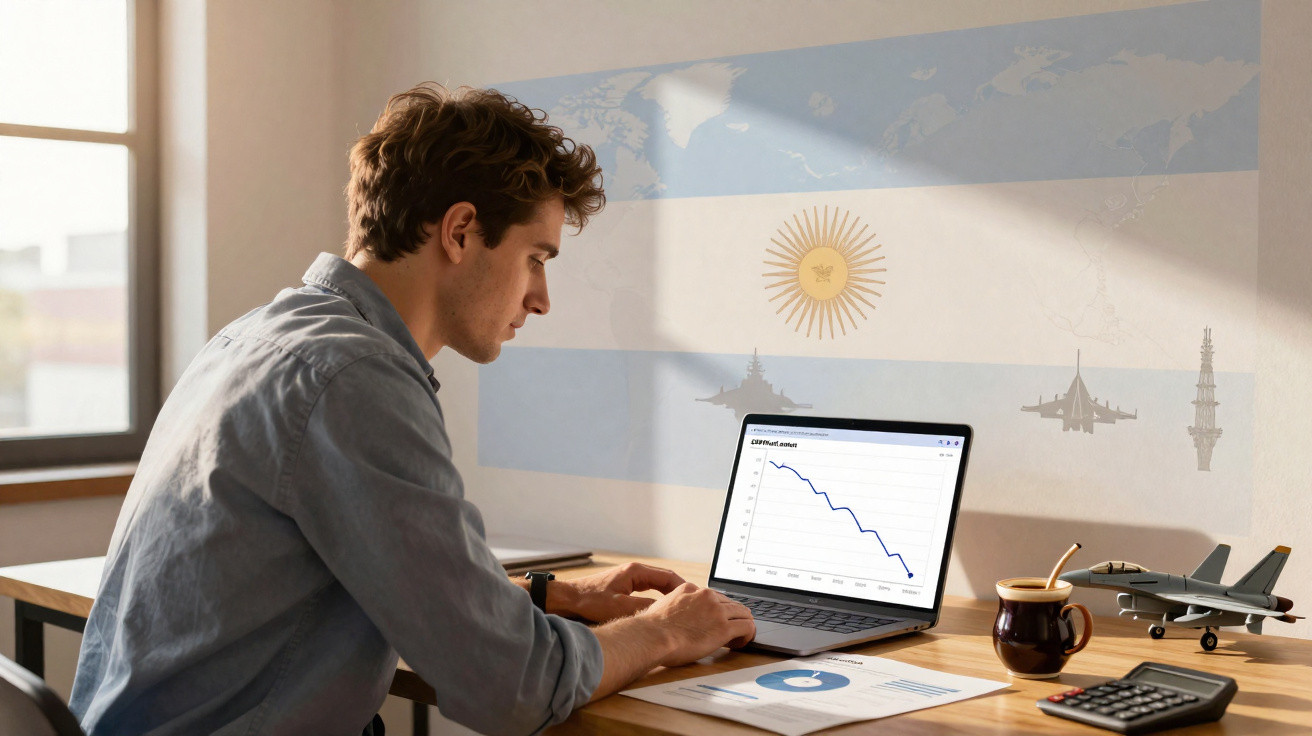 Homem a trabalhar num gráfico em laptop, com mapa da Argentina e miniatura de avião militar na secretária.