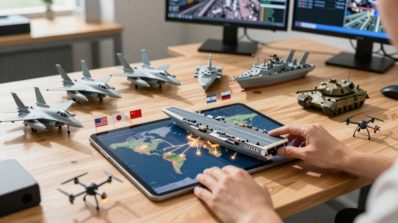 Mão a mover modelo de porta-aviões sobre tablet com mapa, rodeado por miniaturas de aviões, navios, tanque e drones.