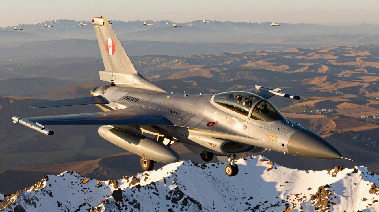 Avião militar F-16 da Força Aérea Peruana a sobrevoar montanhas nevadas com mais jatos ao fundo.