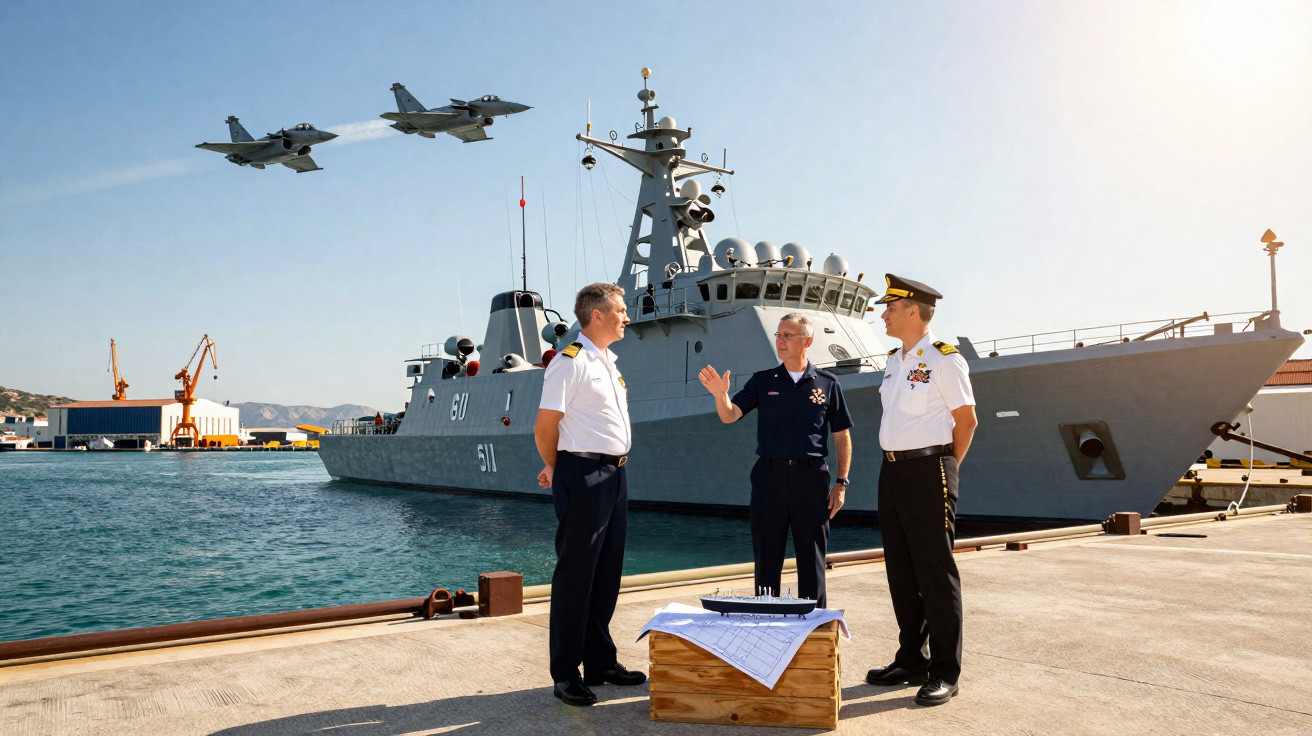 Três militares junto a um modelo de navio numa doca, com corveta ao fundo e dois jatos a sobrevoar o porto.