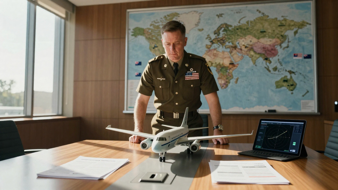 Militar em uniforme, em escritório, observa maquete de avião sobre mesa com papéis e computador portátil aberto.