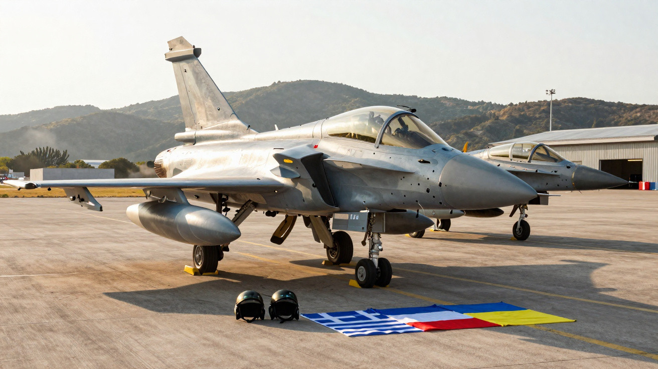 Dois caças militares estacionados numa pista de aeroporto com capacetes e bandeiras nacionais no chão.