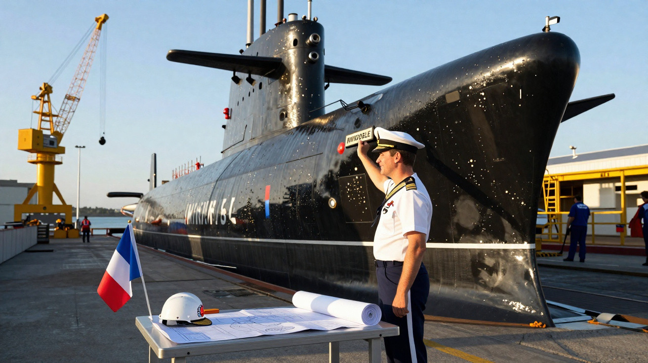 Oficial naval junto a um submarino negro em porto com mesa, capacete e bandeira francesa.