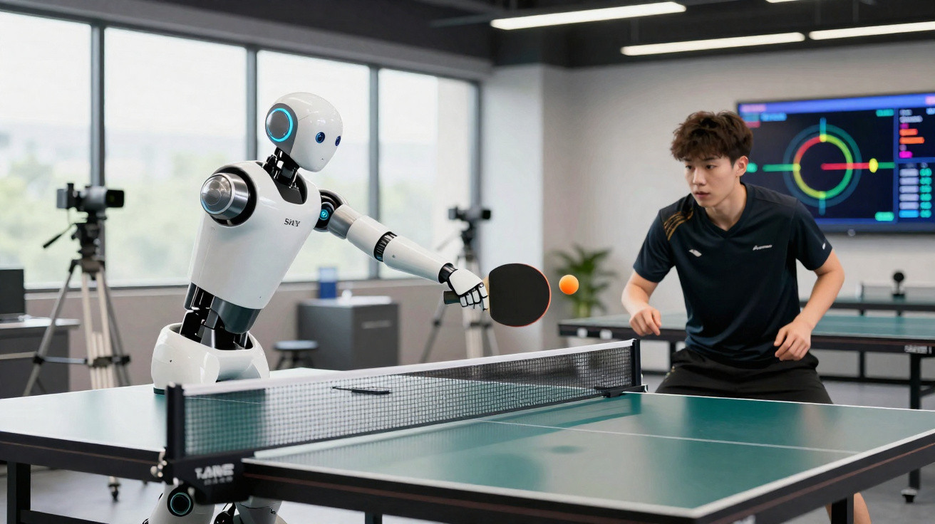 Robô e jovem a jogar ténis de mesa numa sala moderna com ecrãs e equipamentos tecnológicos.