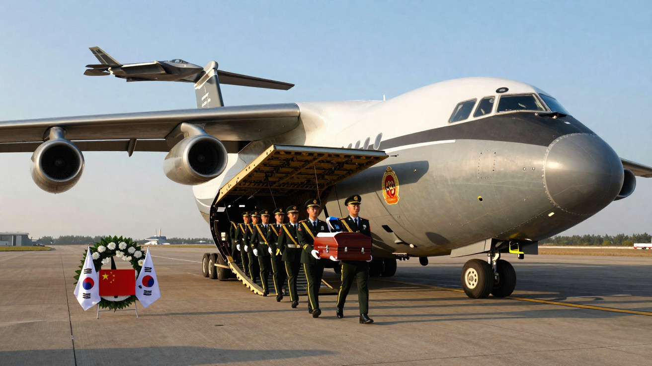 Soldados transportam caixão em cerimónia junto a avião militar com bandeiras da Coreia do Sul e China.